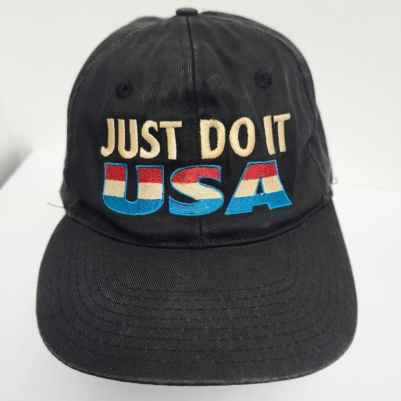Vintage 90's Nike Just Do It USA Hat Cap Embroidered Adjustable Black‎ RARE - Picture 1 of 8
